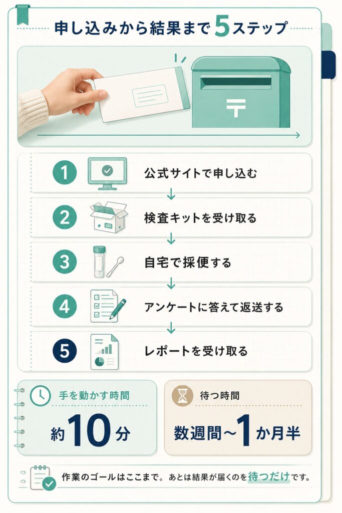 申し込みから結果閲覧までの5ステップ図