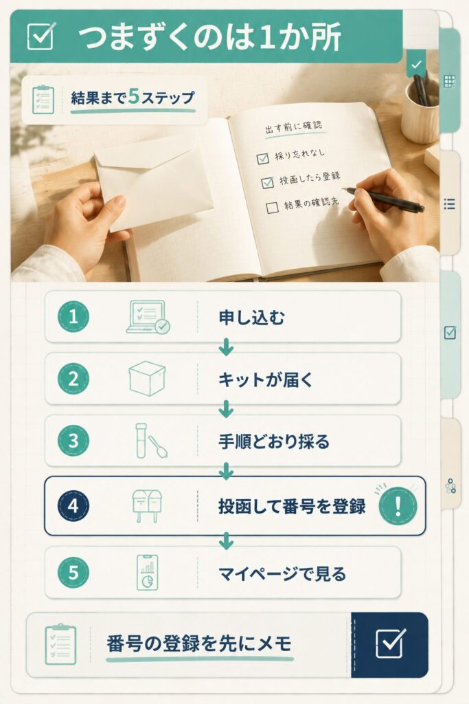 申し込みから結果閲覧までの5ステップと期限のある工程を示すフロー図