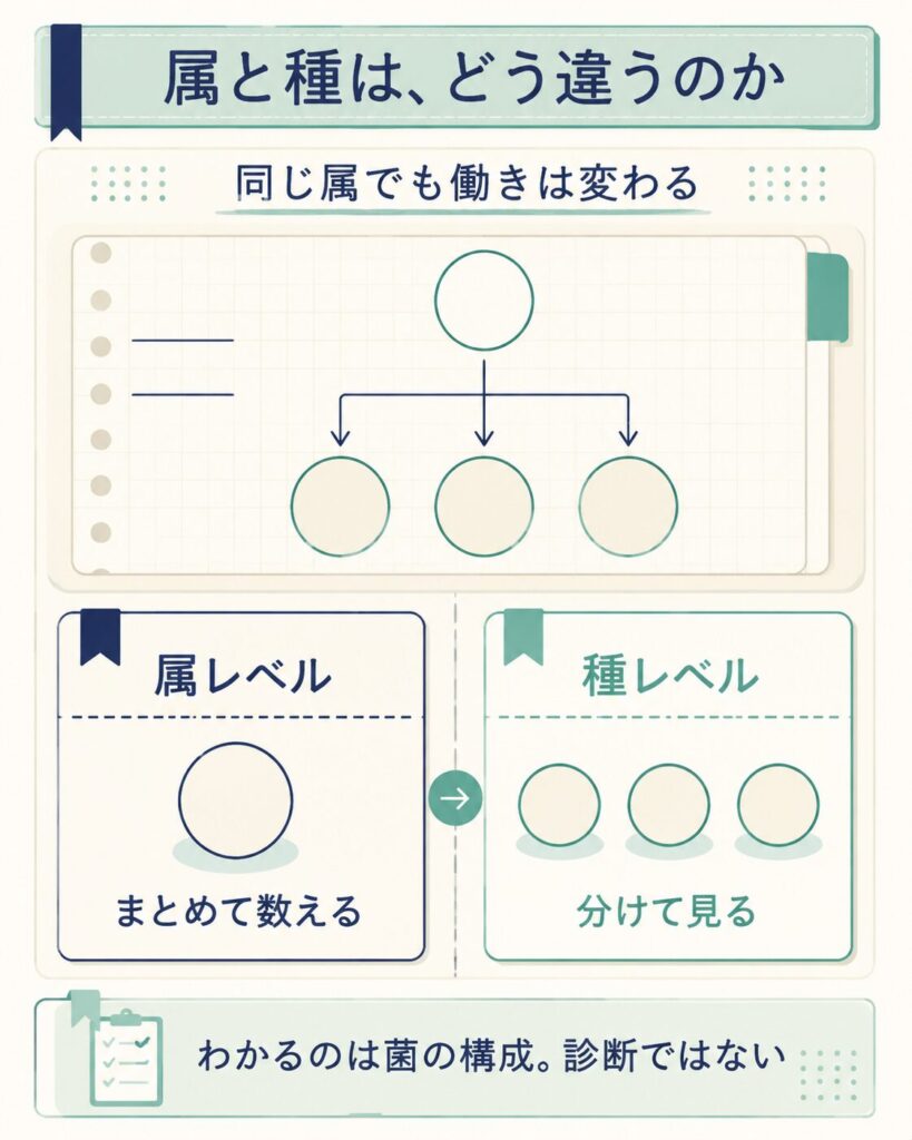 腸内細菌の属レベルと種レベルで見え方がどう違うかを比べた対比図
