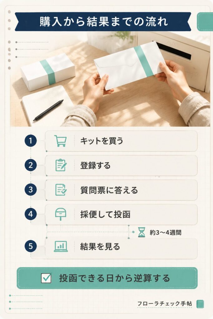 マイキンソーの購入から検査結果閲覧までの5ステップを示す図解