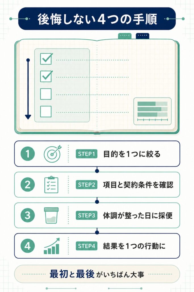 腸内フローラ検査を活かす4つの手順を示したステップ図